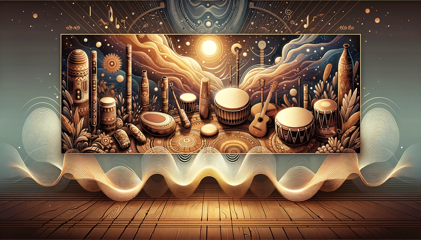 A depiction of traditional instruments and sound waves symbolizing ancestral connection through music.