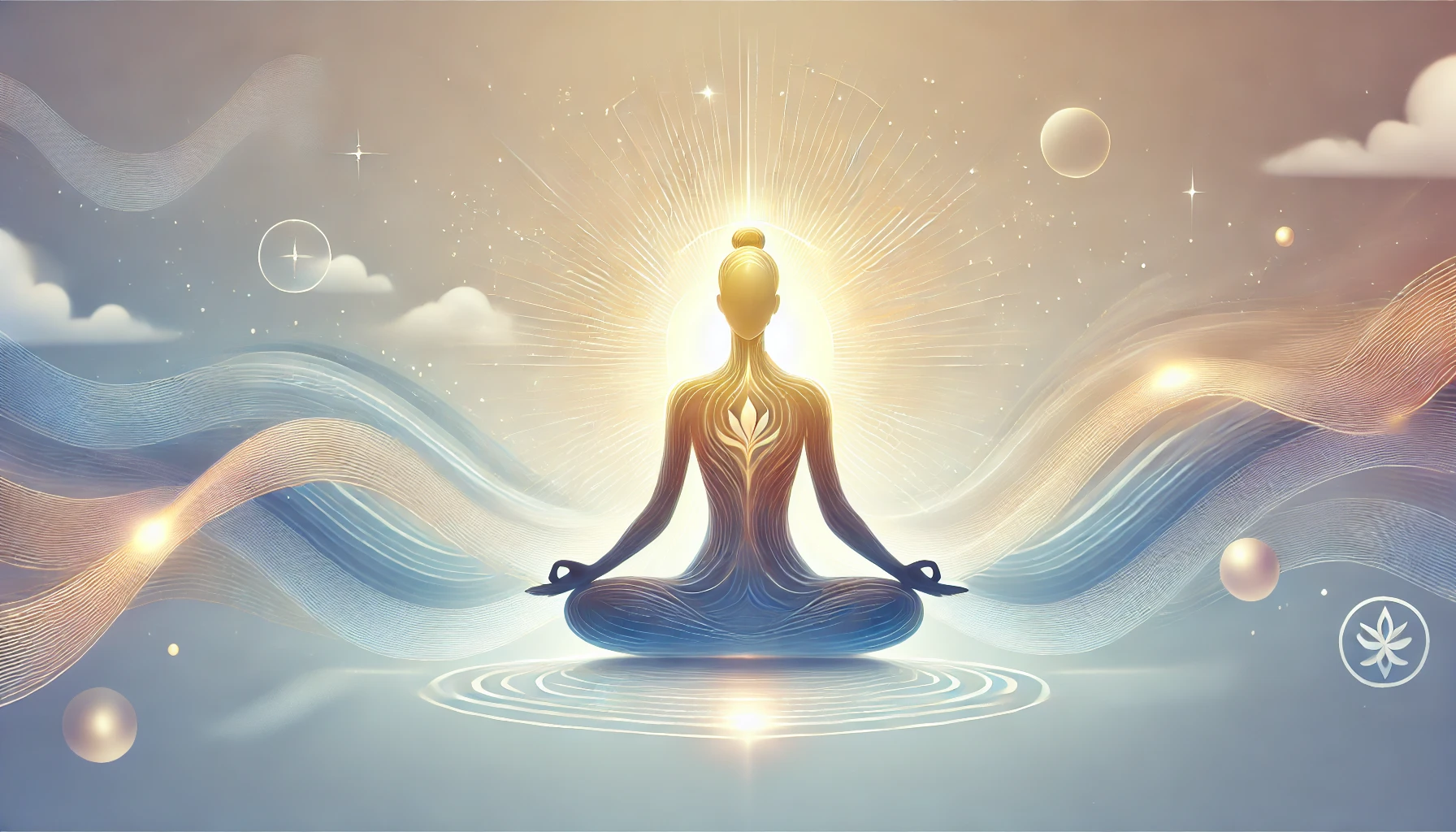 A serene figure meditating with a glowing aura, symbolizing deep breathing and gratitude.