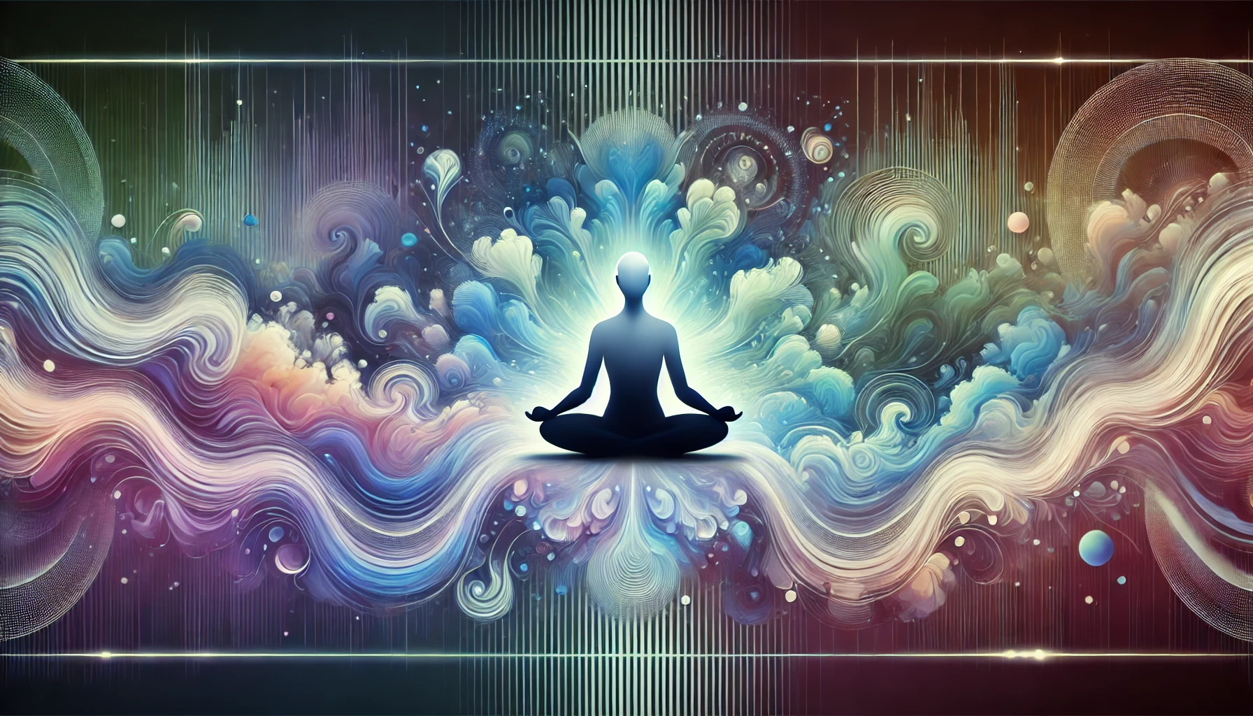 A serene figure meditating amidst swirling energy patterns, symbolizing the calming influence of intentional breathing.