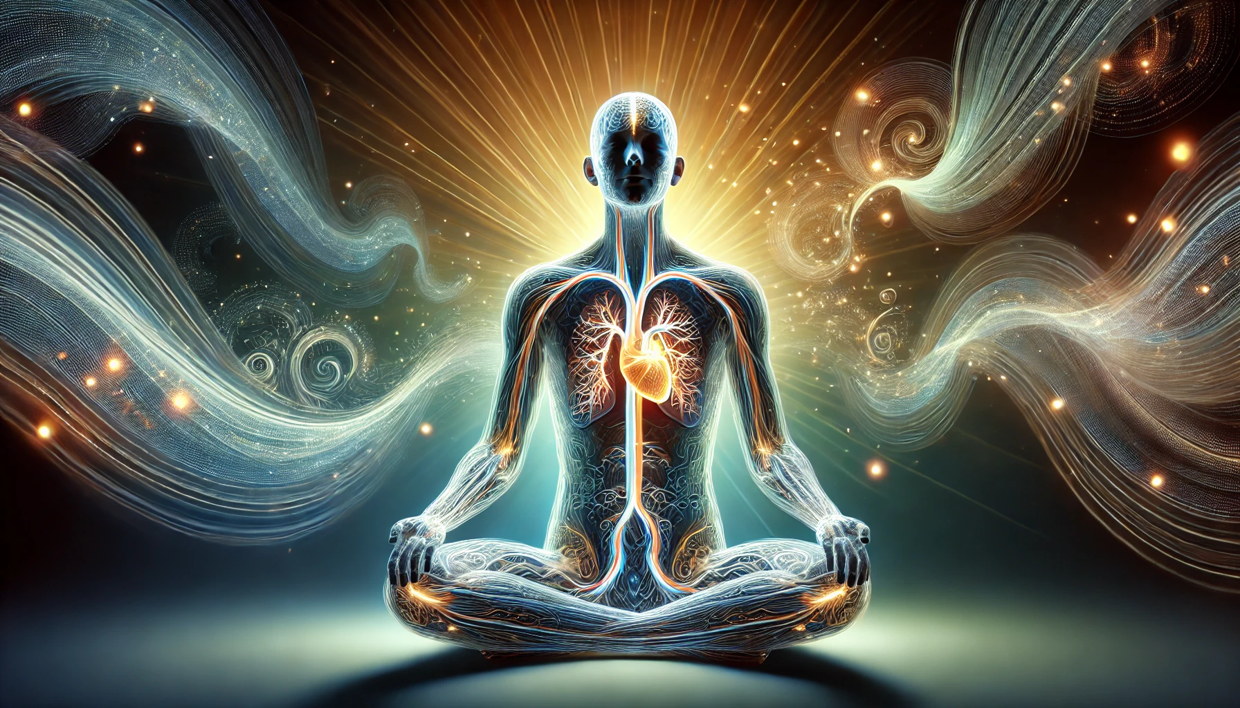 A serene human silhouette meditating, with glowing energy lines representing breath and oxygen flow to vital body areas, symbolizing the connection between breathing and vitality.