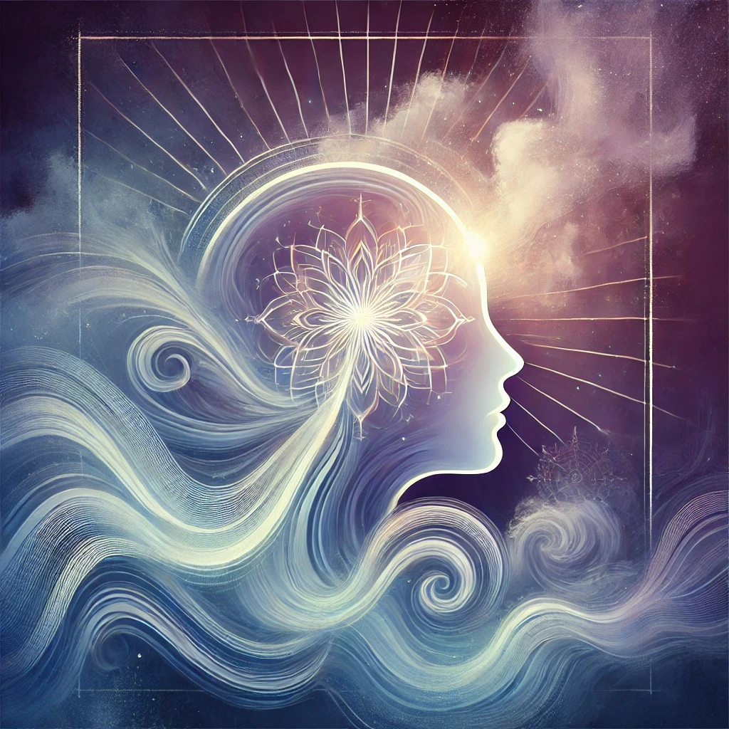 A stylized graphic depicting a serene, mystical scene with swirling mist and light beams converging at the top of a head silhouette, symbolizing the historical and spiritual connection of breathing and mental focus.