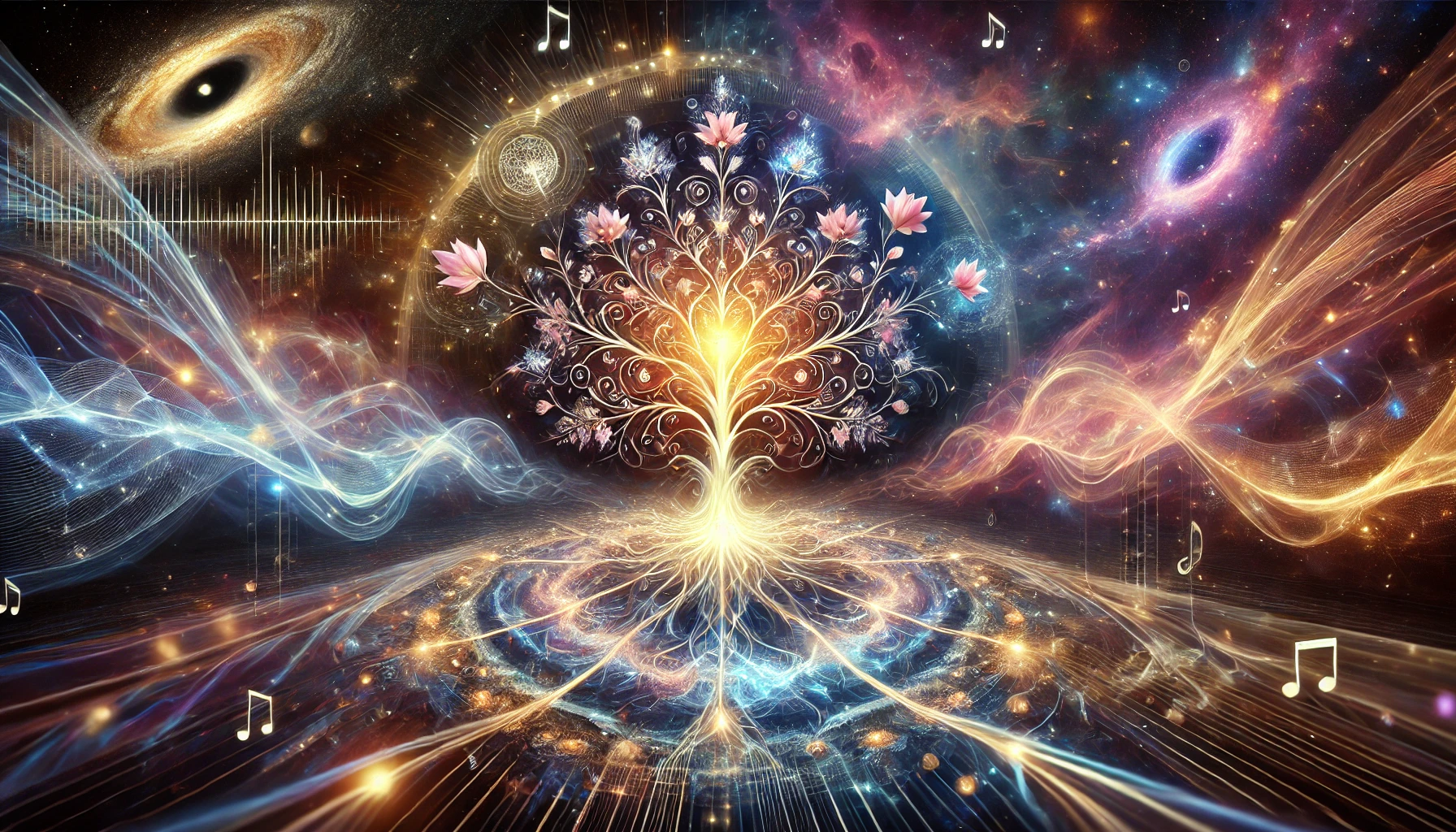 Abstract graphic depicting a glowing tree of creation with cosmic and natural elements symbolizing interconnectedness and creative energy.