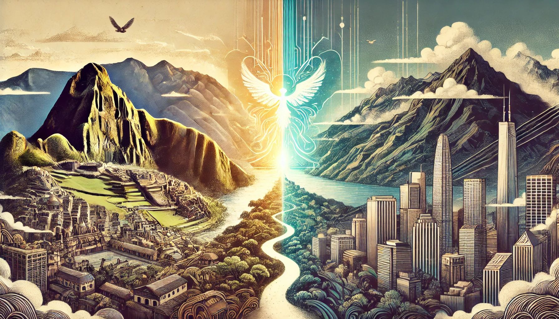 Stylized graphic illustrating a serene Andean landscape transitioning into a bustling urban American cityscape, symbolizing cultural transformation and the contrast between innocence and modernity.