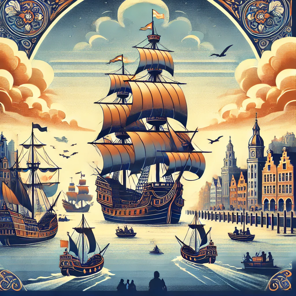 Dutch VOC ship setting sail from a bustling European port, symbolizing the start of the Dutch East India Company’s global trade empire.