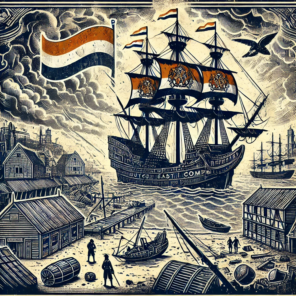 Depiction of a deteriorating VOC ship in a colonial port, symbolizing the Dutch East India Company’s decline and the collapse of its trade empire.