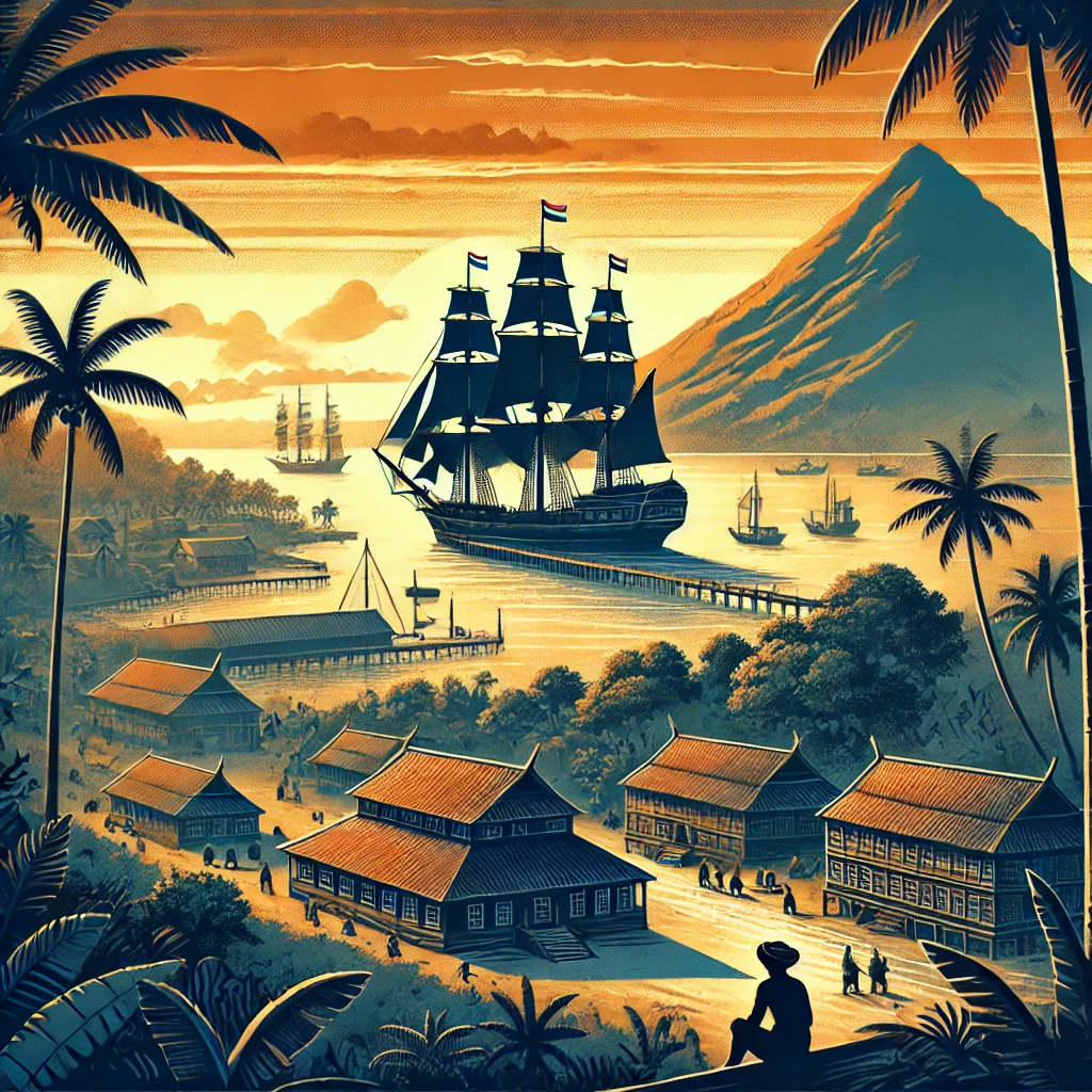 VOC ship anchored in a Southeast Asian port with Dutch colonial buildings, symbolizing the Dutch East India Company’s expansion and influence in Asia.