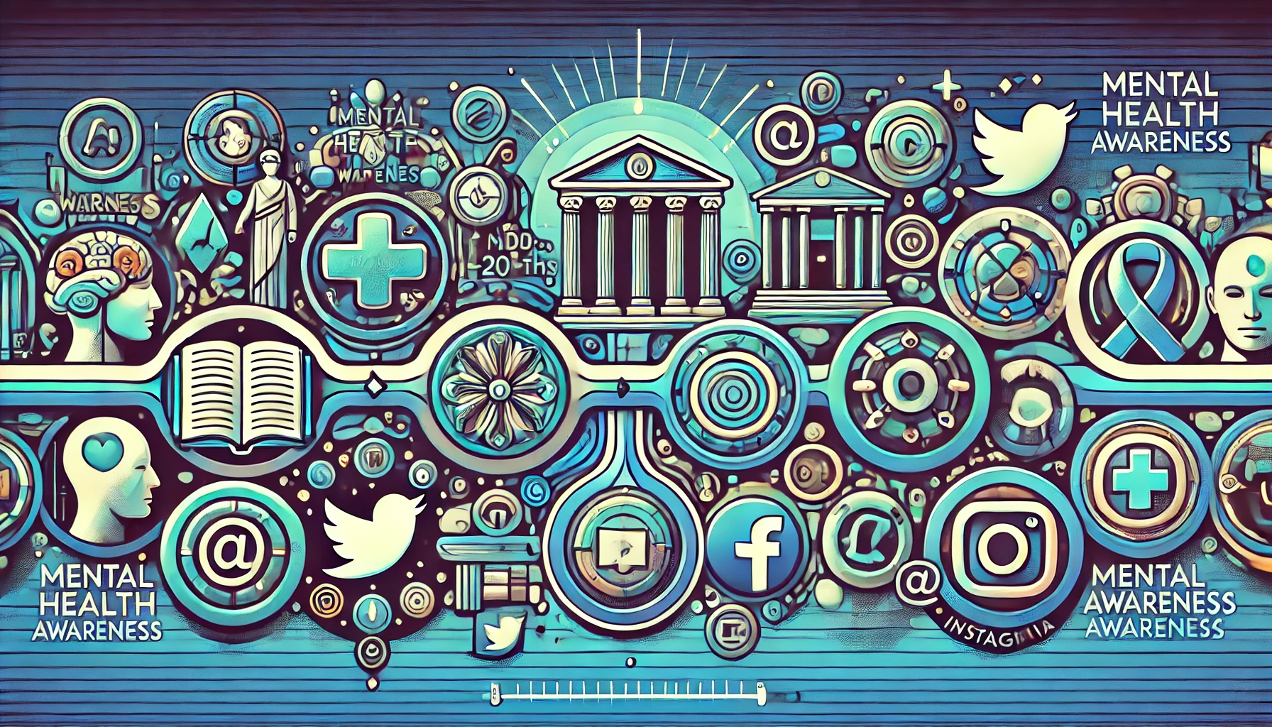 Illustration showing the progression of mental health understanding, with a timeline of influential figures and digital symbols.