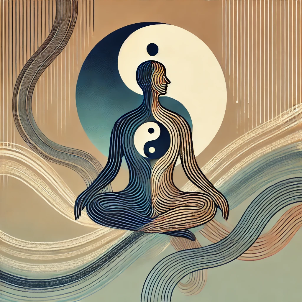 Stylized graphic depicting balance and harmony in leadership, inspired by Eastern philosophy with a serene figure, yin-yang motif, and flowing abstract lines.