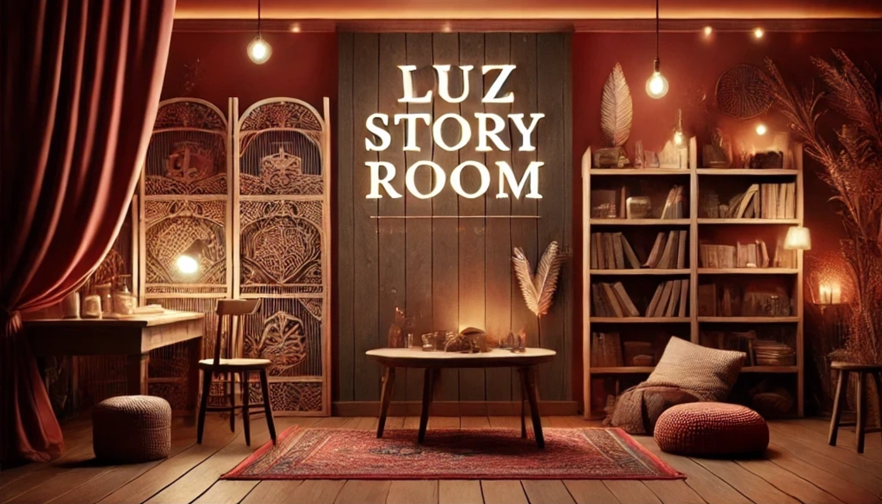 A warm, inviting room with ambient lighting, books, wood textures, and cozy decor, creating an intimate storytelling space.