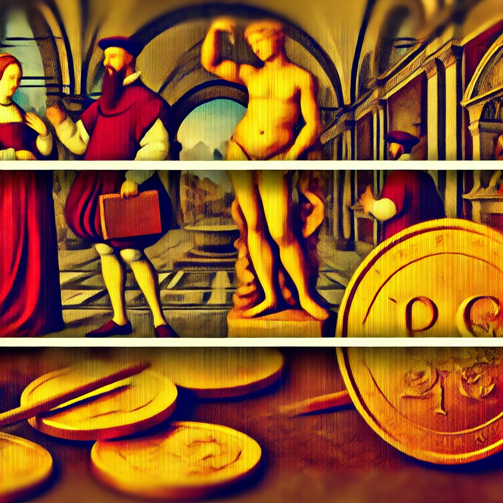 Stylized art of the Medici family’s influence during the Renaissance, depicting Florence architecture, coins, and financial ledgers symbolizing the Medici Bank’s power in European politics and religion.