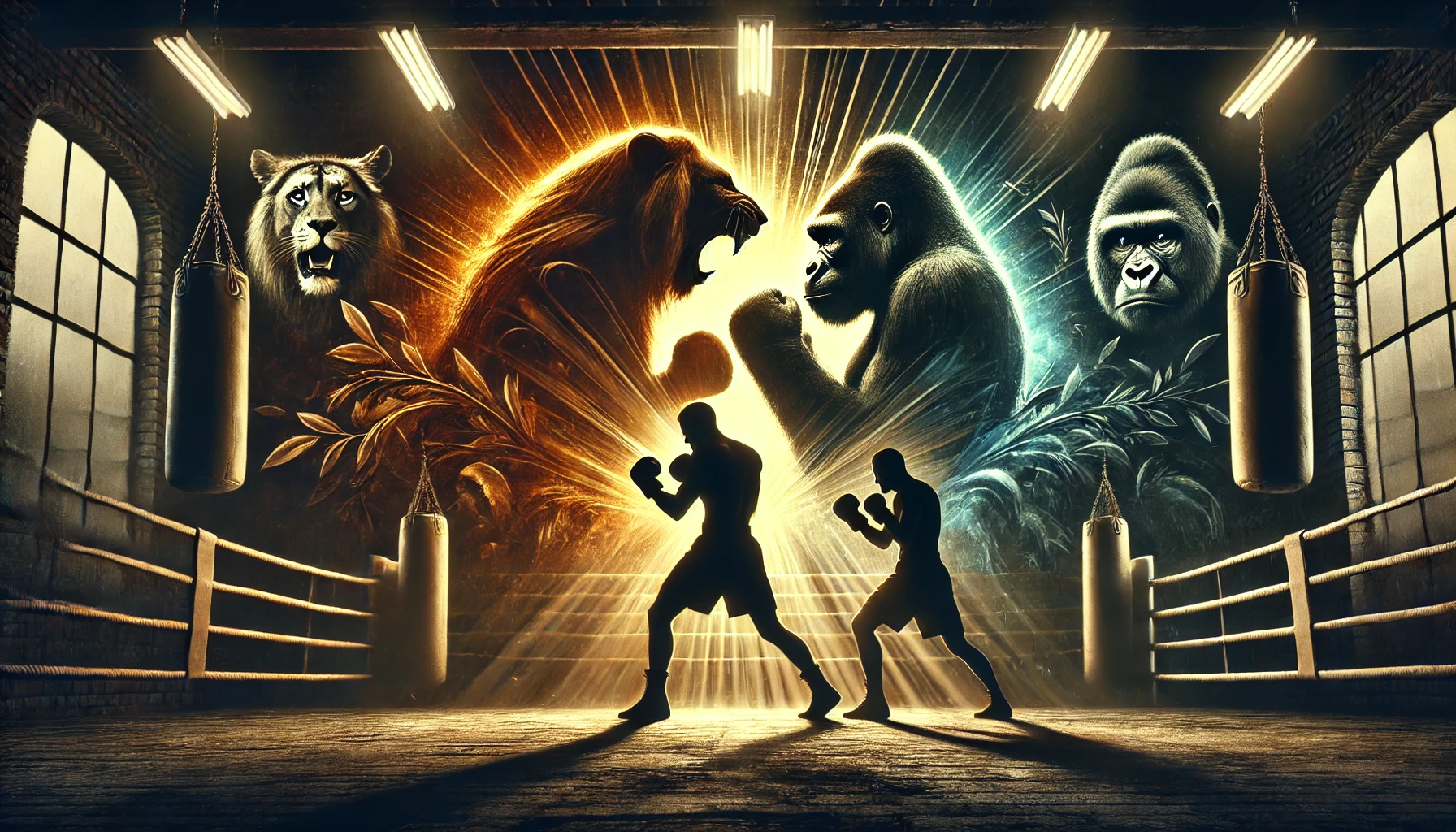 Artistic representation of a young and old boxer face-off in a dimly lit boxing ring, with a tiger and a gorilla symbolizing legacy and dominance.