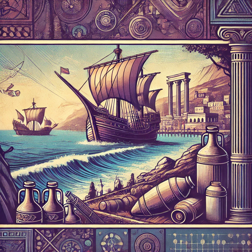 Stylized art of Phoenician merchants on a ship, with ancient Mediterranean trade goods like amphoras and symbols of commerce, representing their influence over trade and politics.