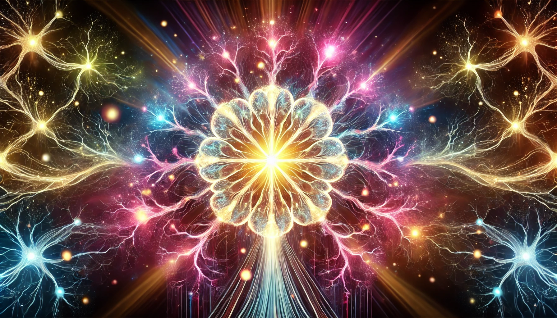 An artistic depiction of the pineal gland illuminated with vibrant colors symbolizing mysticism and scientific intrigue. The design features interconnected neurons radiating light and energy, merging themes of spirituality and neuroscience.