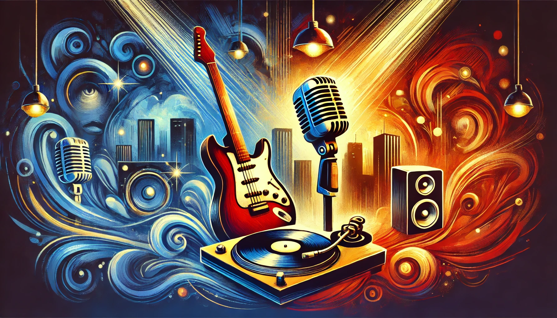 A vibrant illustration of the shared spirit of Blues, Hip-Hop, and Comedy, featuring a soulful guitar, a Hip-Hop turntable, and a stand-up microphone under a spotlight with urban cityscapes in the background.