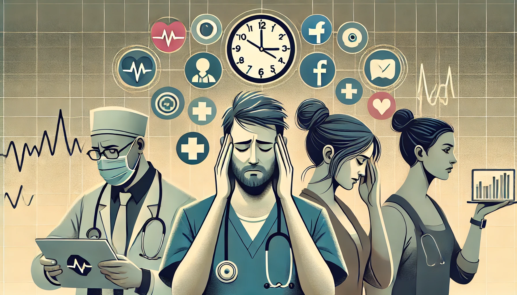 Illustration of professionals from different industries under visible stress, with digital symbols and social media icons interspersed, representing their online struggles.