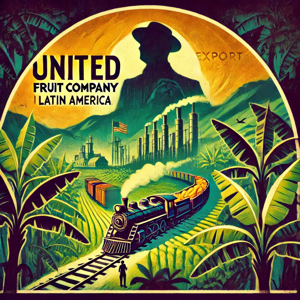 Stylized art of United Fruit Company’s influence in Latin America, featuring banana plantations, vintage trains, and cargo ships symbolizing the company’s control over trade and politics.